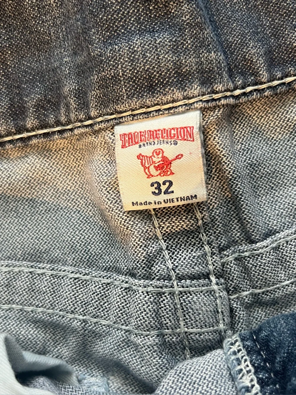 True Religion Men's Distressed Blue Slim Straight Jeans with Red Plaid Insets